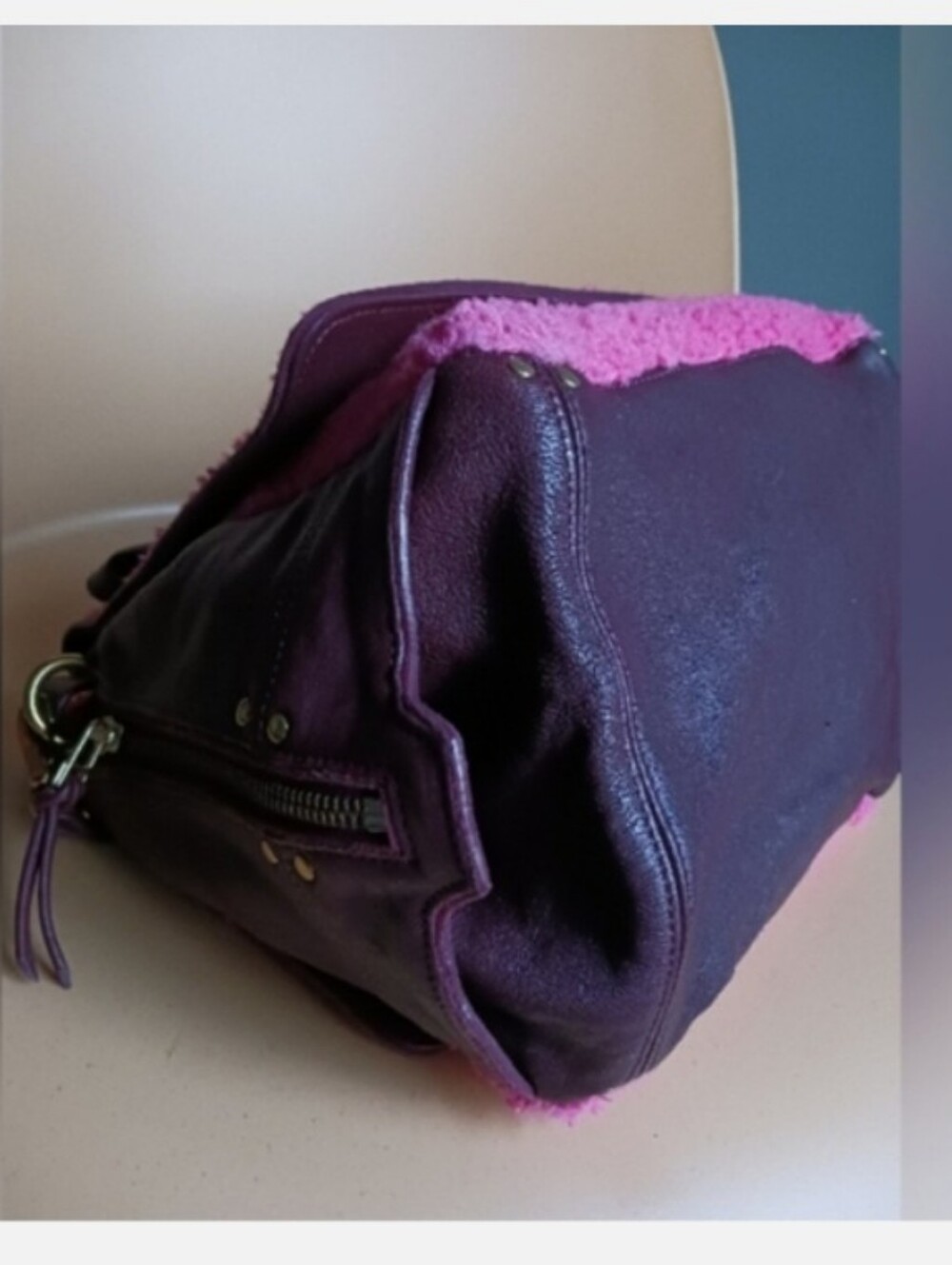 Jerome Dreyfuss Johan Pink Sherpa/ Burgundy Leather Crossbody Bag. - Picture 12 of 16